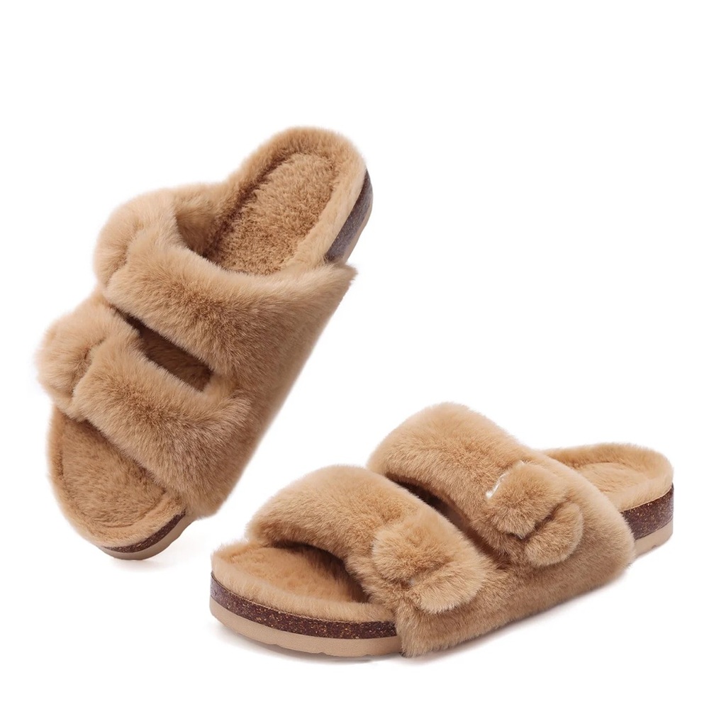 New KIDMI Cozy Birkenstock-like Tan Faux Rabbit Fur Slide Sandals Cork Footbed 7